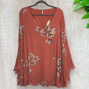 FREE PEOPLE Anthropologie Coral Orange Floral Long Sleeve Boho Shift Dress S